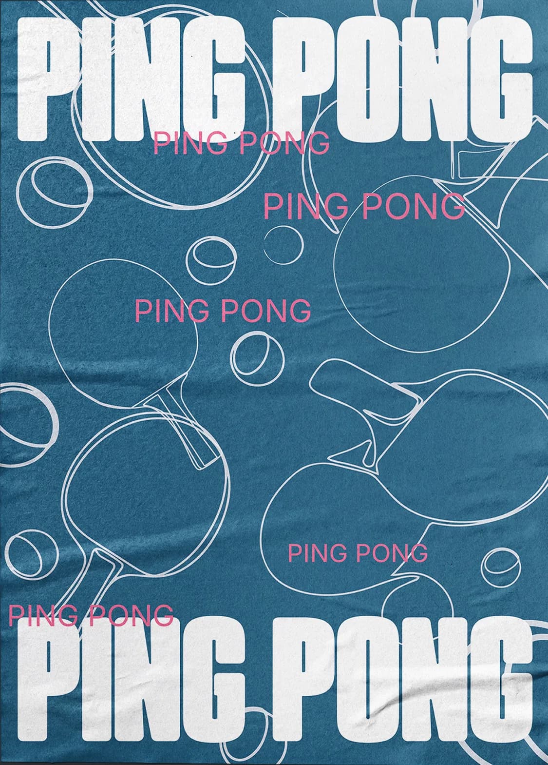 Plakat Ping Pong — powtarzalna typografia na tle rysunków rakietek