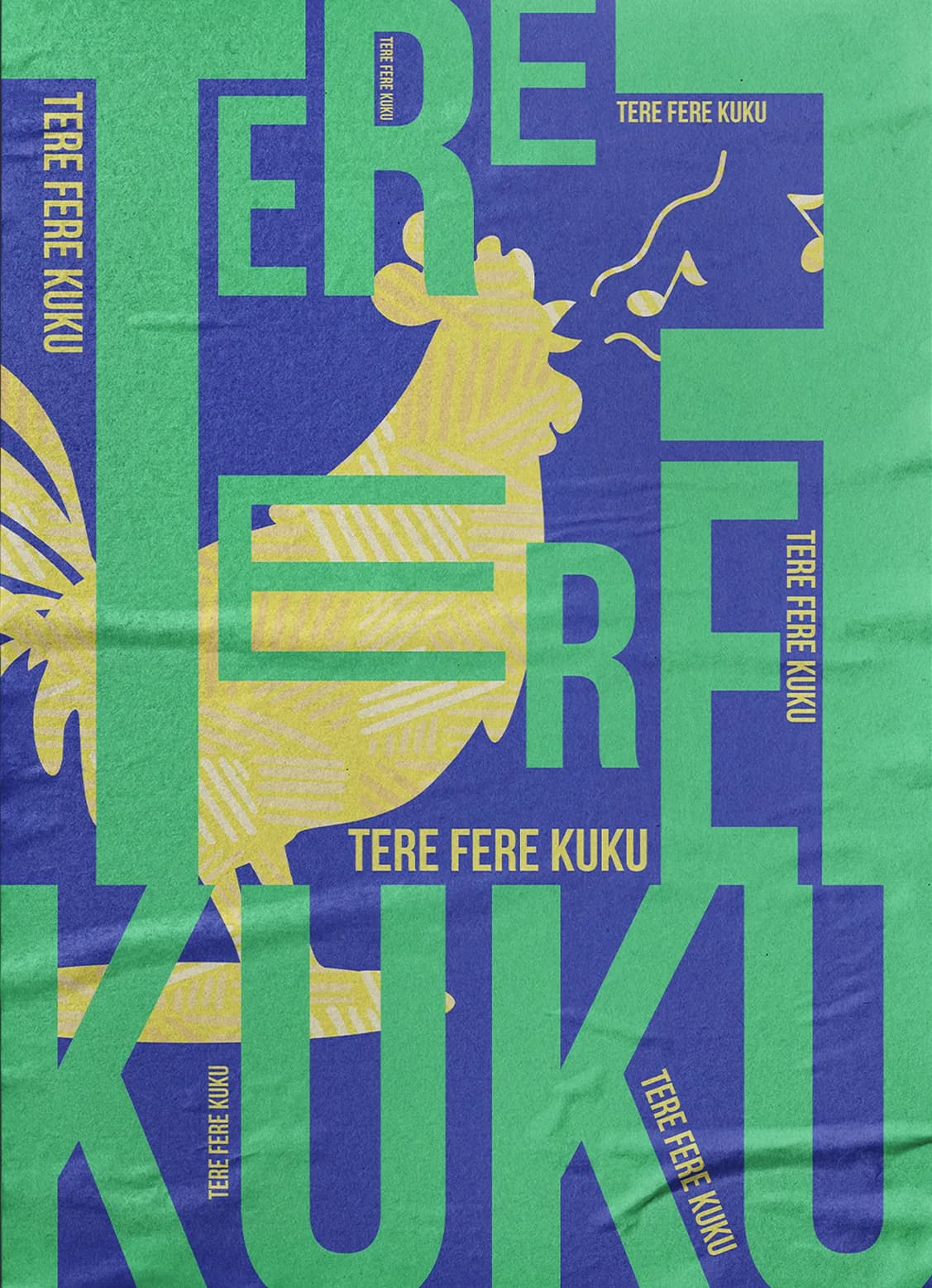 Plakat Tere Fere Kuku — zielono-fioletowa kompozycja typograficzna z kogutem